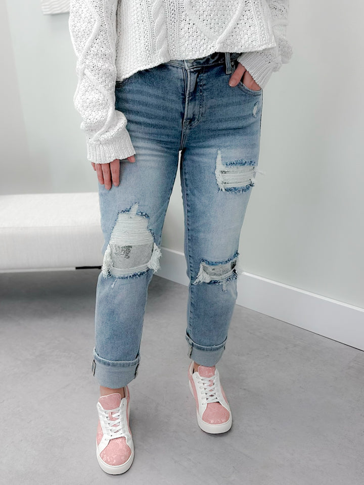 Milestone Sequin Patched Jeans by Risen