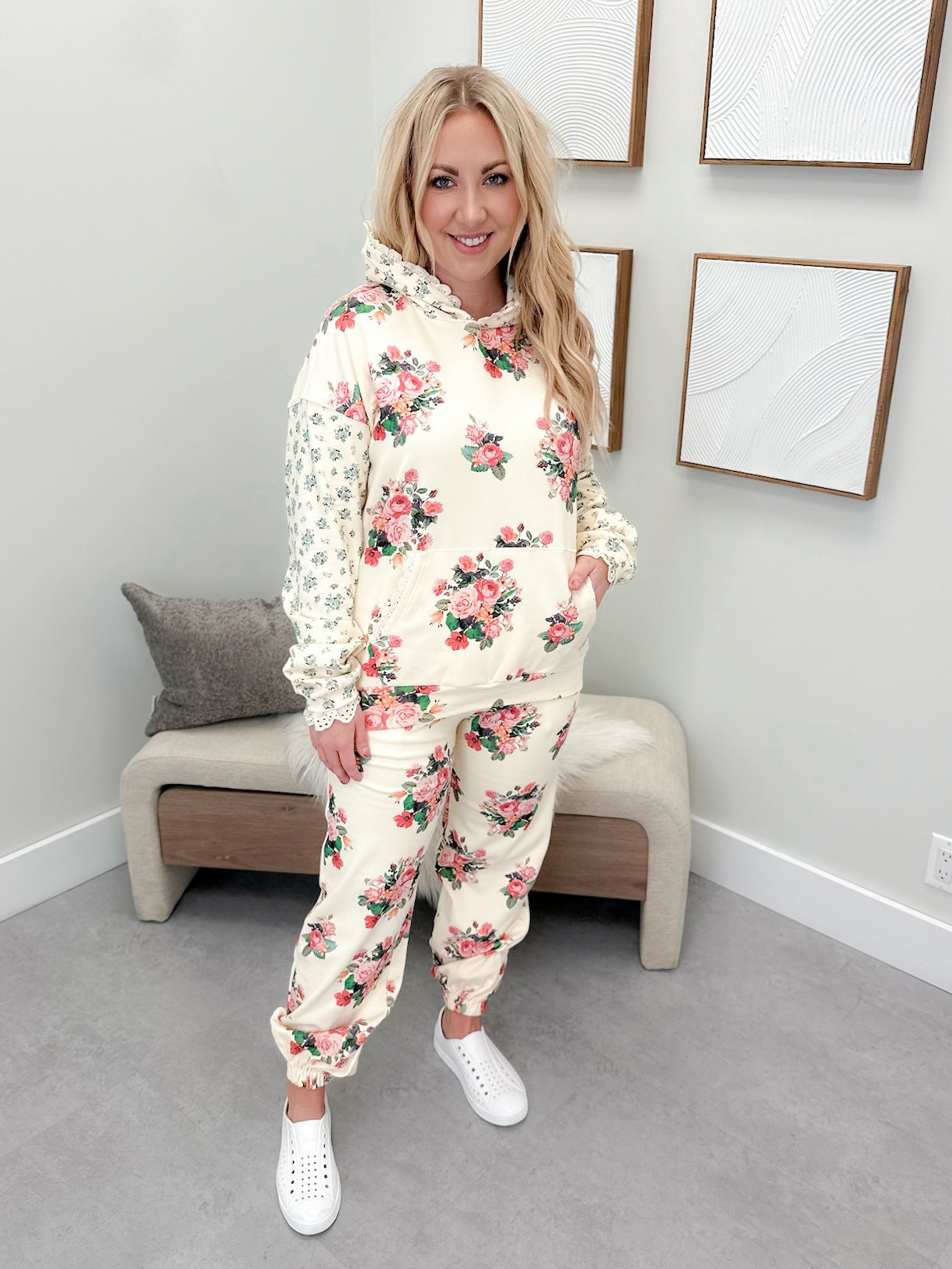 Lace Pocket Joggers in Golden Hour Garden by Ampersand Avenue