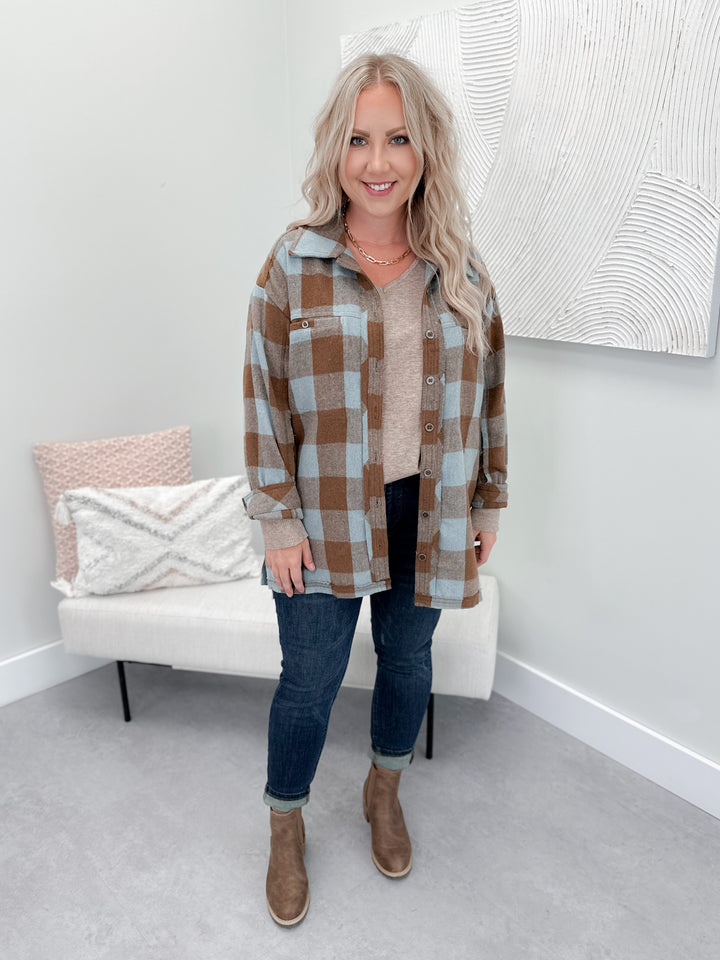 Blairmore Plaid Shacket in Ice Coffee