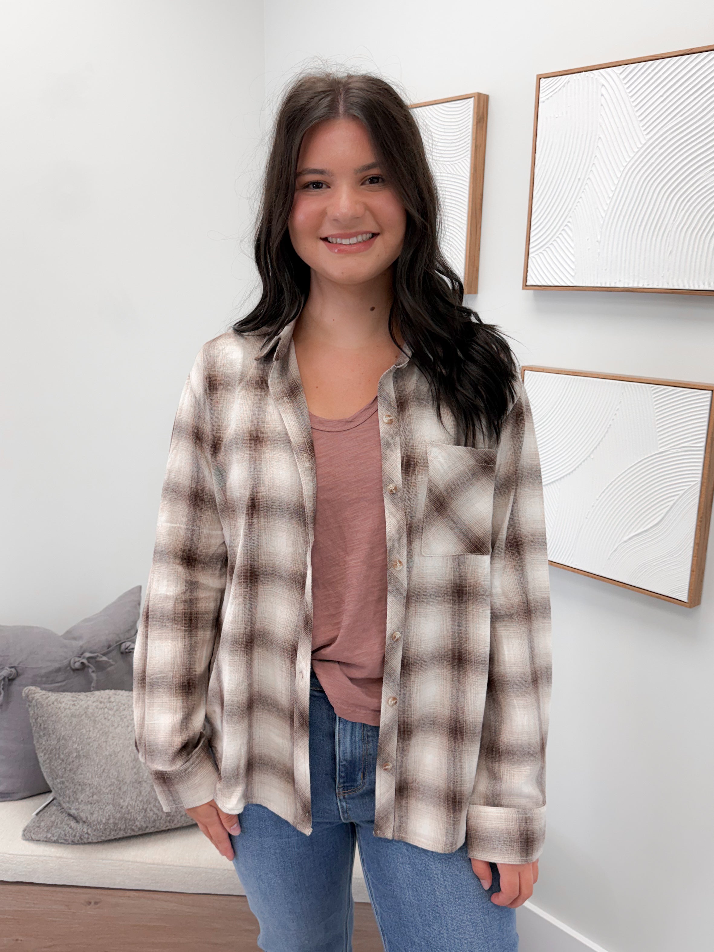 Fay Plaid Button Up in Brown