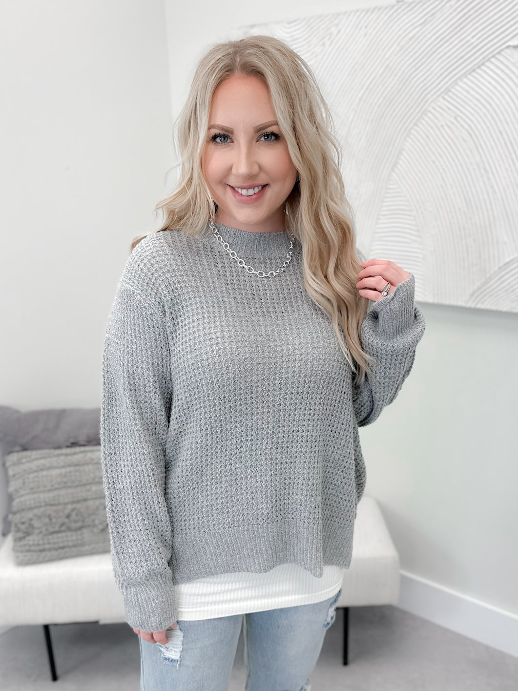 Heathered Waffle Knit Sweater in Grey by Grace & Lace