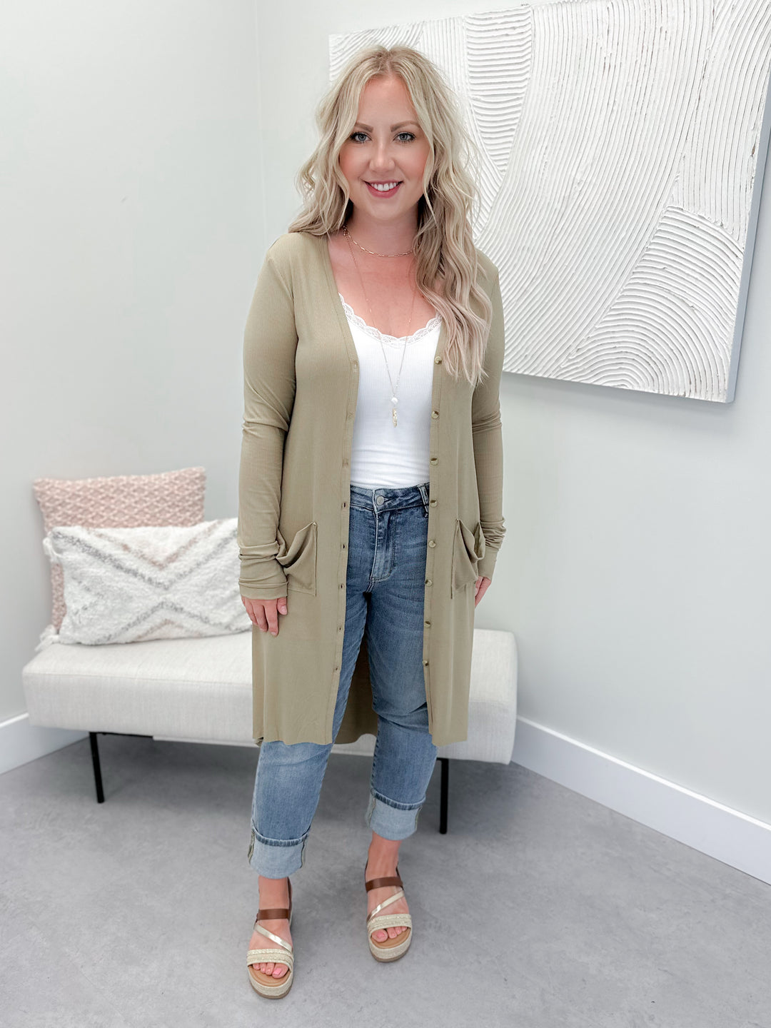 Alli Ribbed Cardi in Light Olive