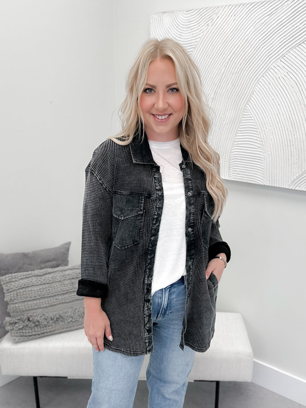 Lennon Waffle Shacket in Washed Black