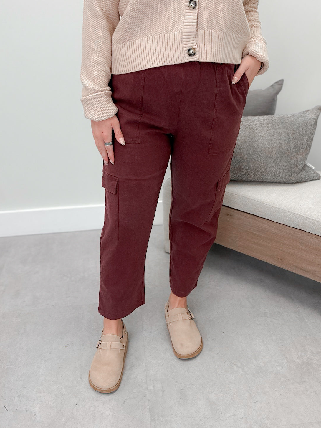 PRE-ORDER Cargo Cutie Crop Pant in Wine by Ampersand Avenue
