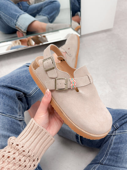 PRE-ORDER Estelle Suede Slingback Clogs in Grey
