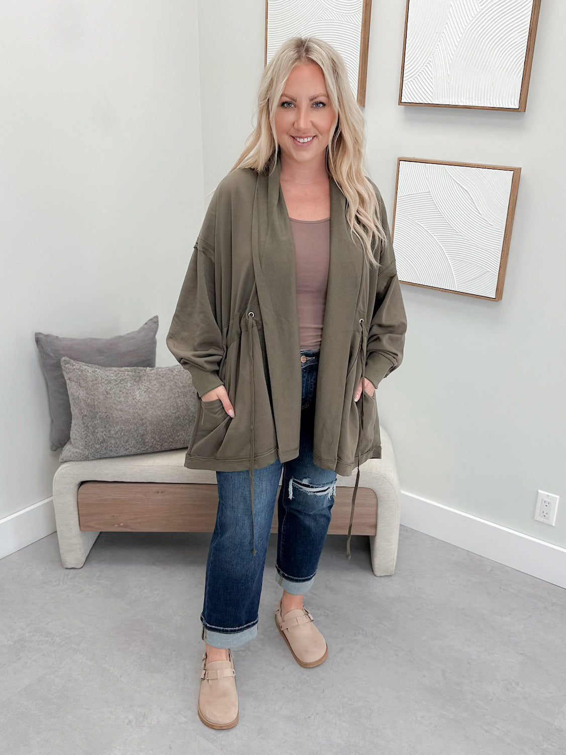 Oliver Open Front Tie Waist Cardigan in Olive