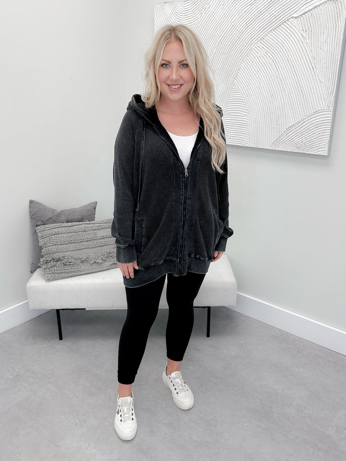 Juno Waffle Full Zip Hoodie in Black