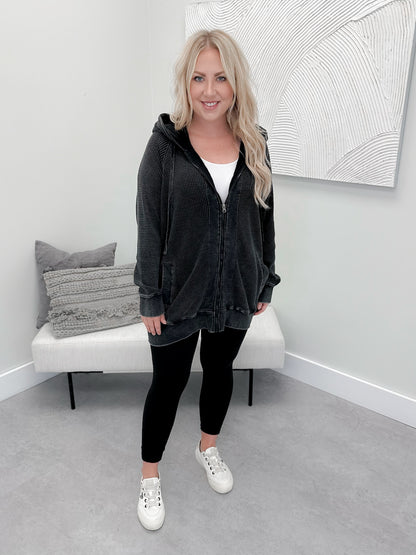 Juno Waffle Full Zip Hoodie in Black