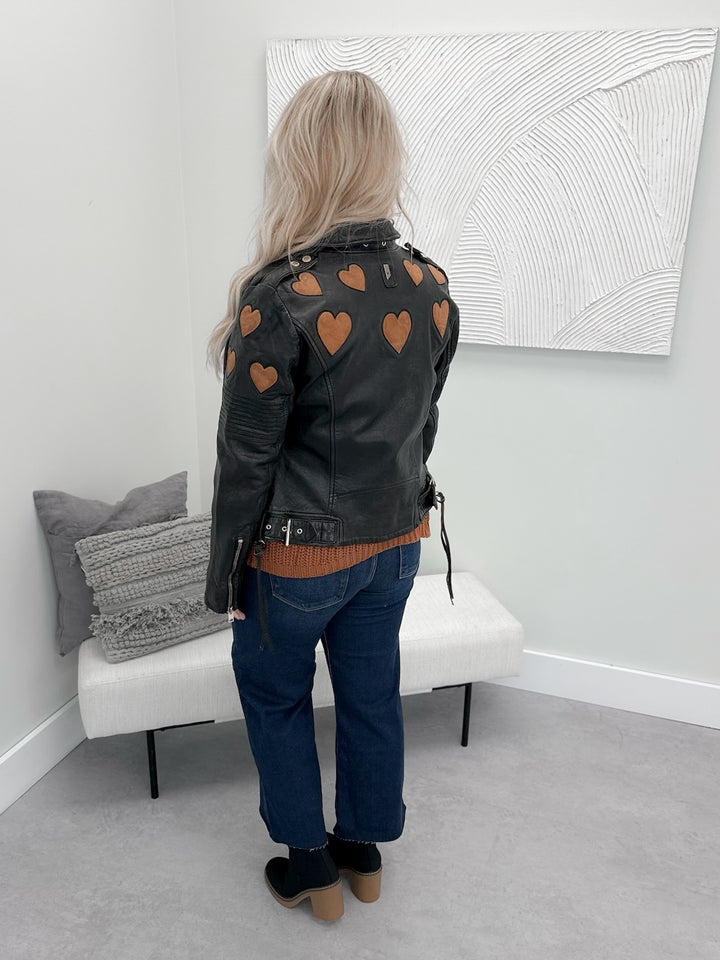 Reo Heart Moto Leather Jacket in Black/Cognac by Mauritius