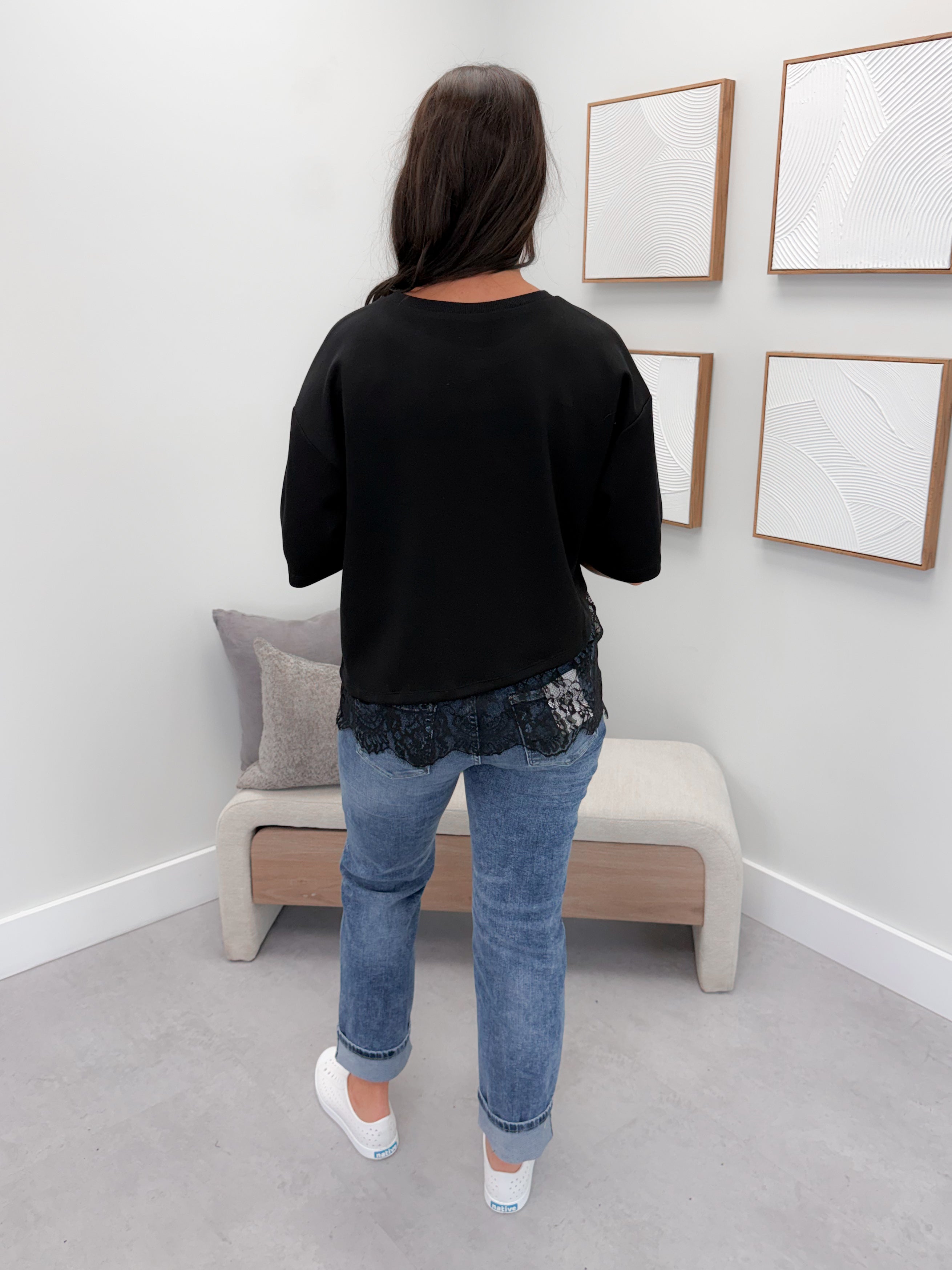 Usha Lace Bottom Tee in Black