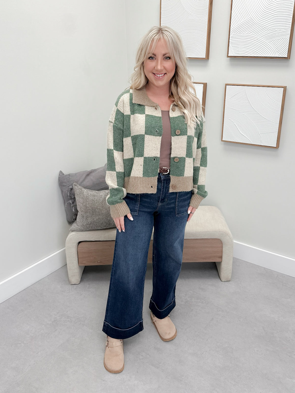 Winnie Cardigan in Checkered Green