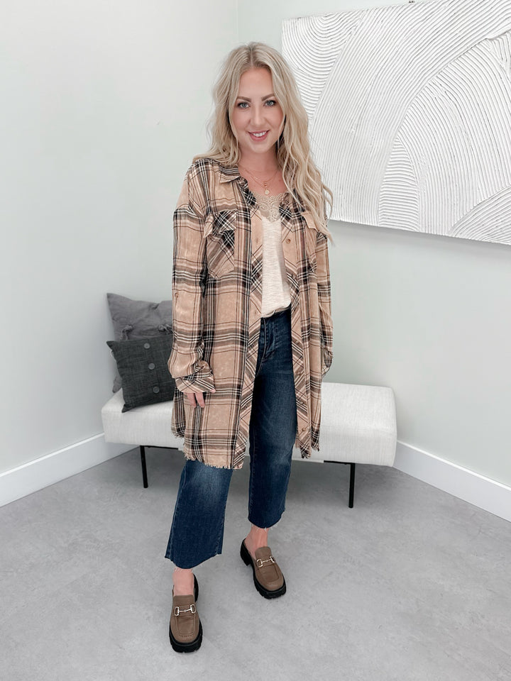 Lacey Plaid Long Button Down in Latte