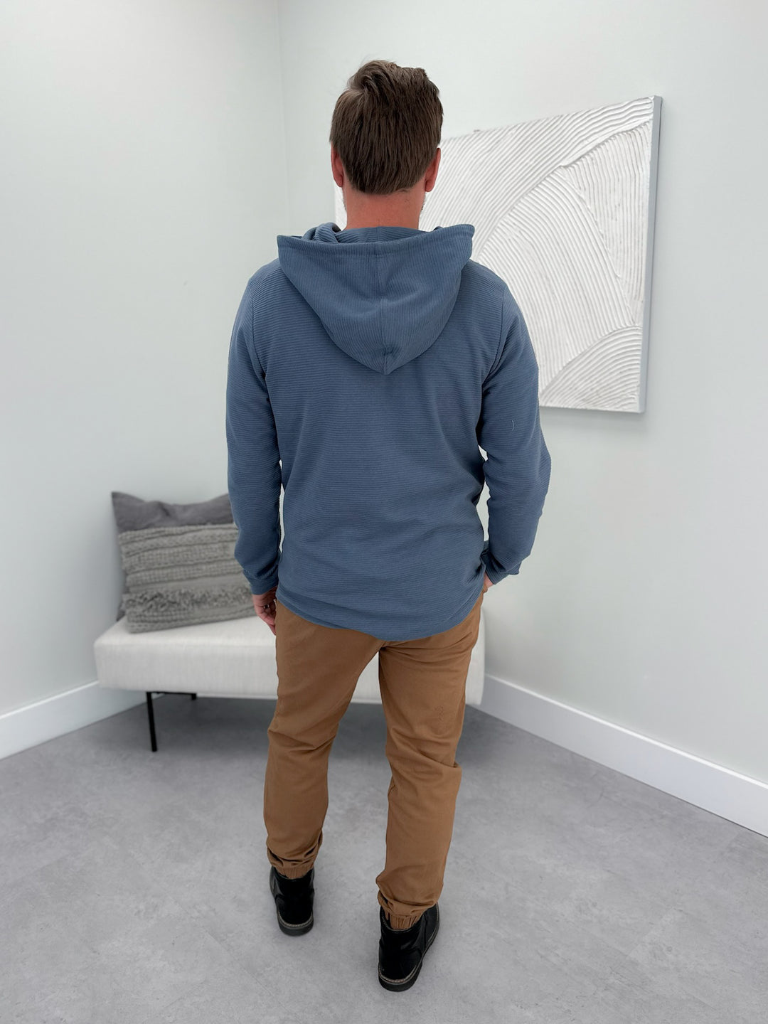 Carson Mens Ribbed Hoodie in Blue Horizon