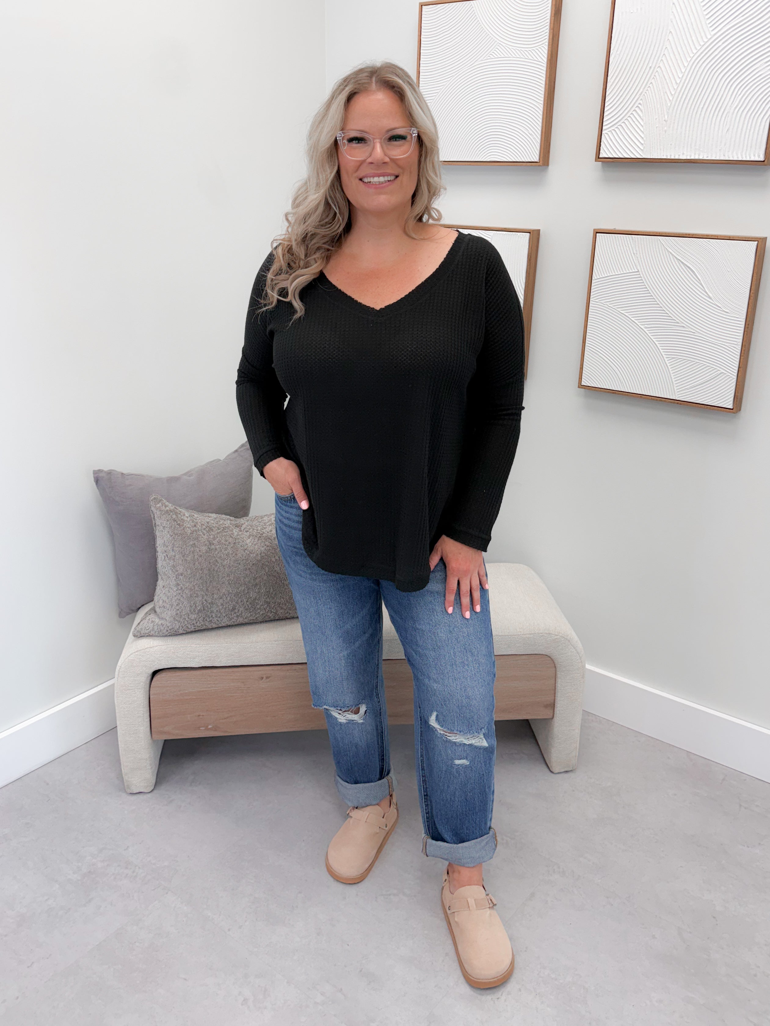Whitney Waffle Long Sleeve in Black
