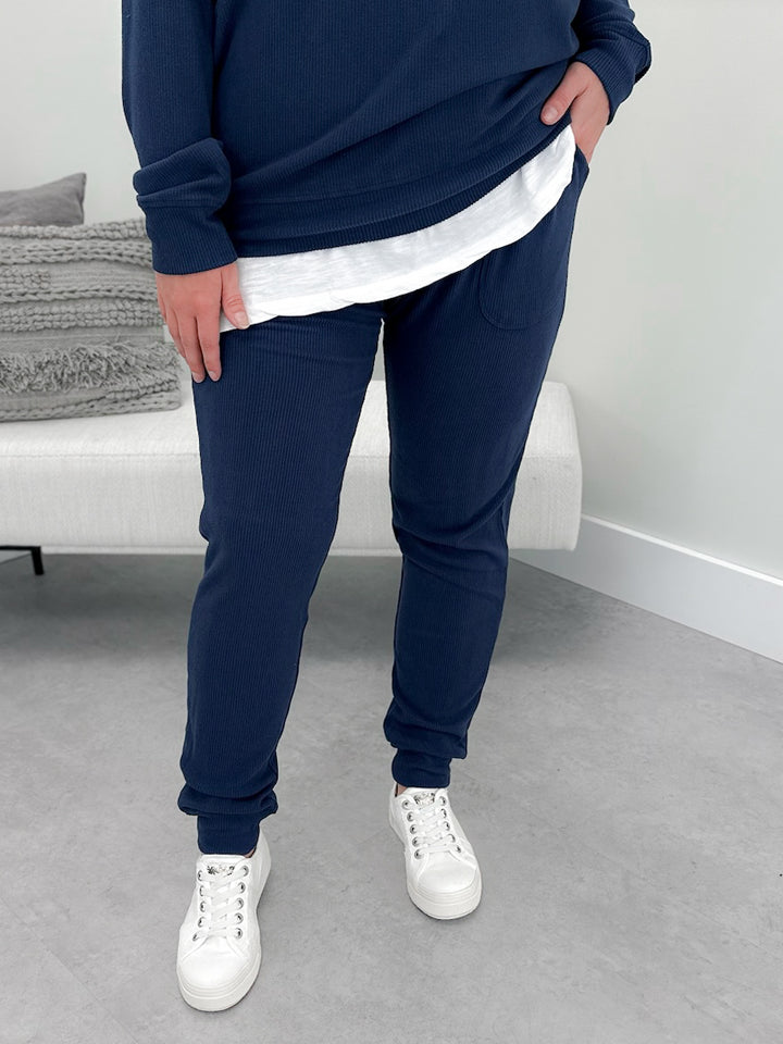 Corrine High Rise Ribbed Joggers in Navy