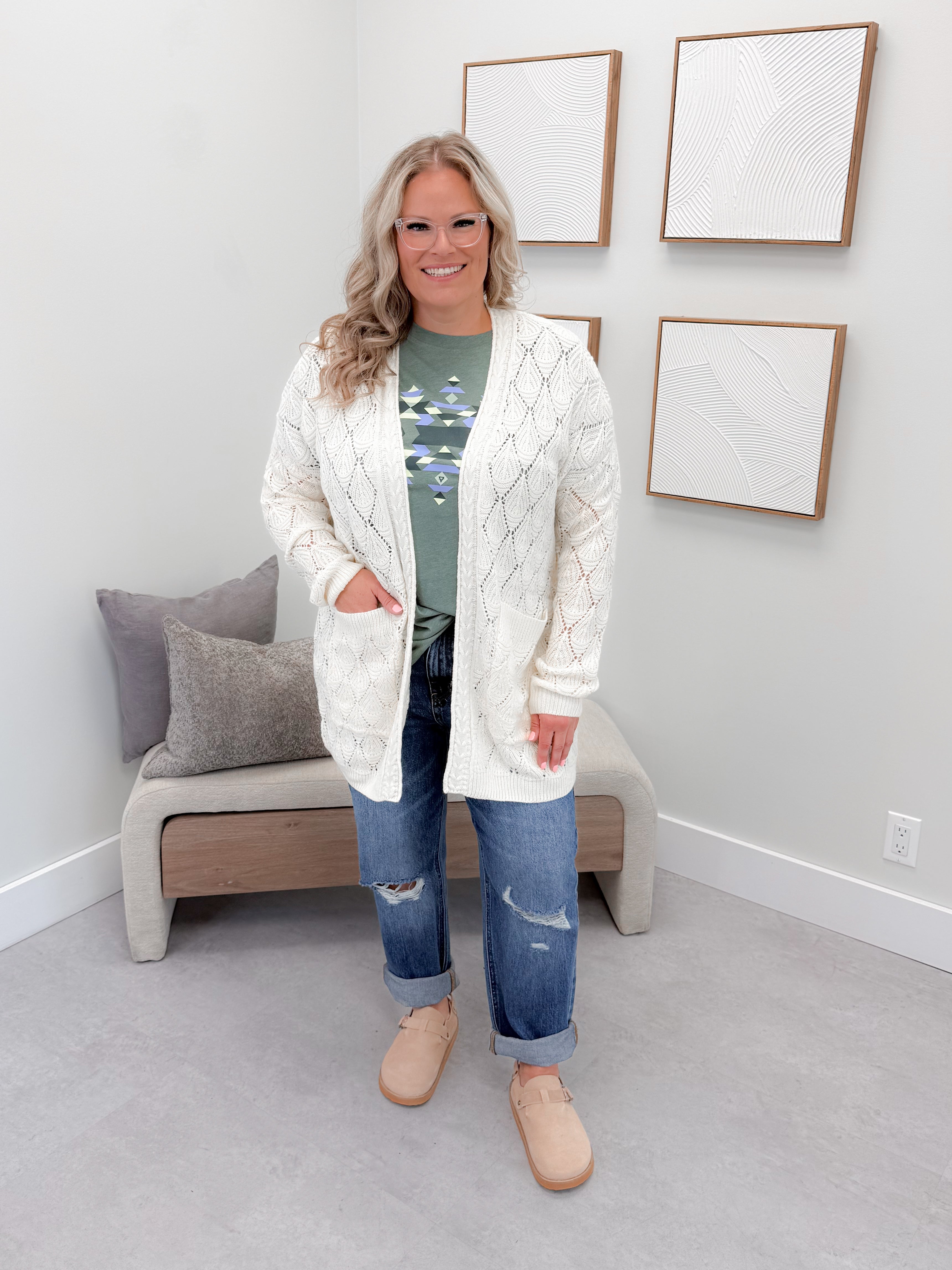 Paige Pointelle Knit Cardigan in Ivory