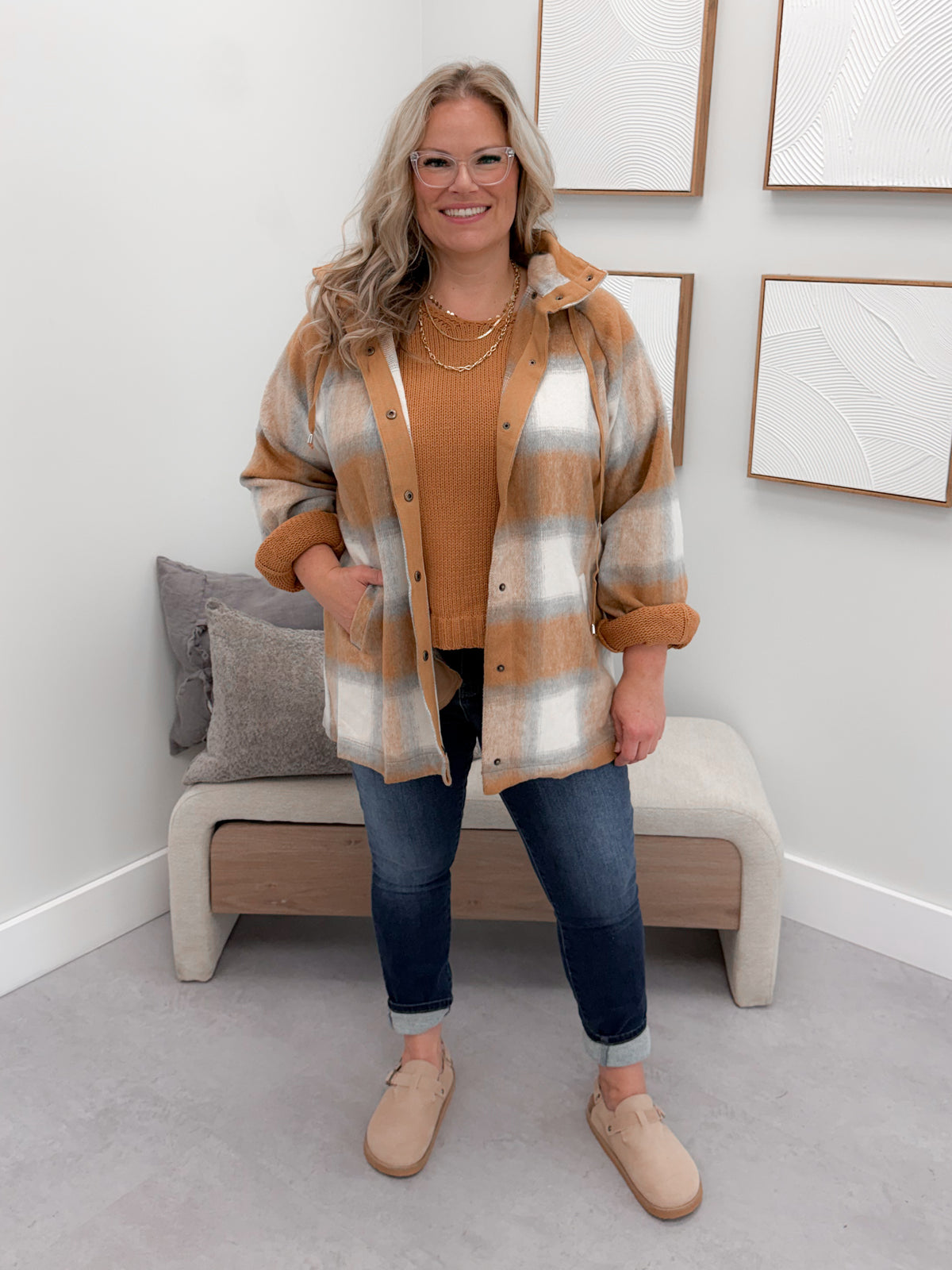Lowen Hooded Shacket in Camel