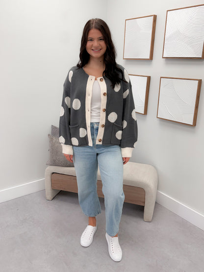 Jodi Cardigan in Grey Polka Dot