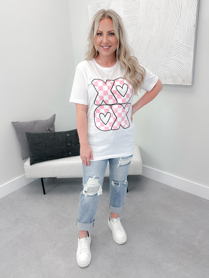 XOXO Checkered Tee in White by Ash + Antler