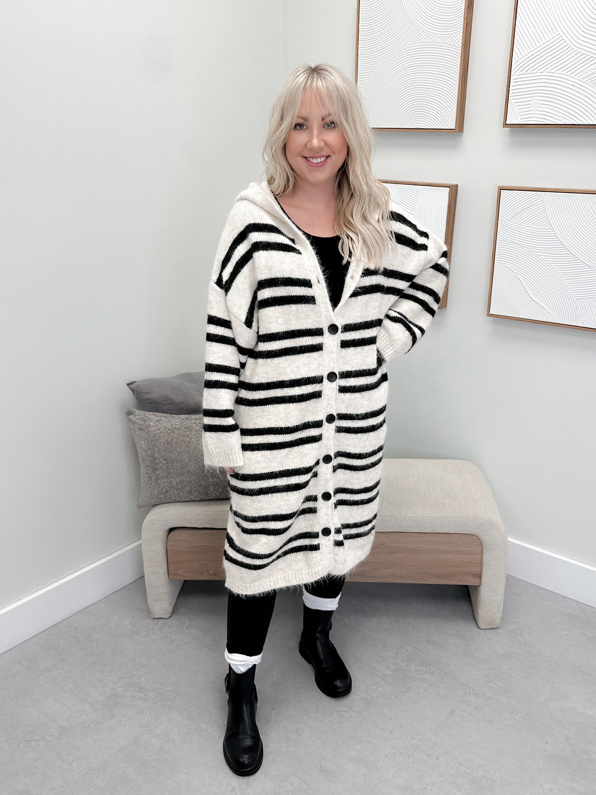 Cozy Up Striped Hooded Cardigan in Ivory/Black by Pol