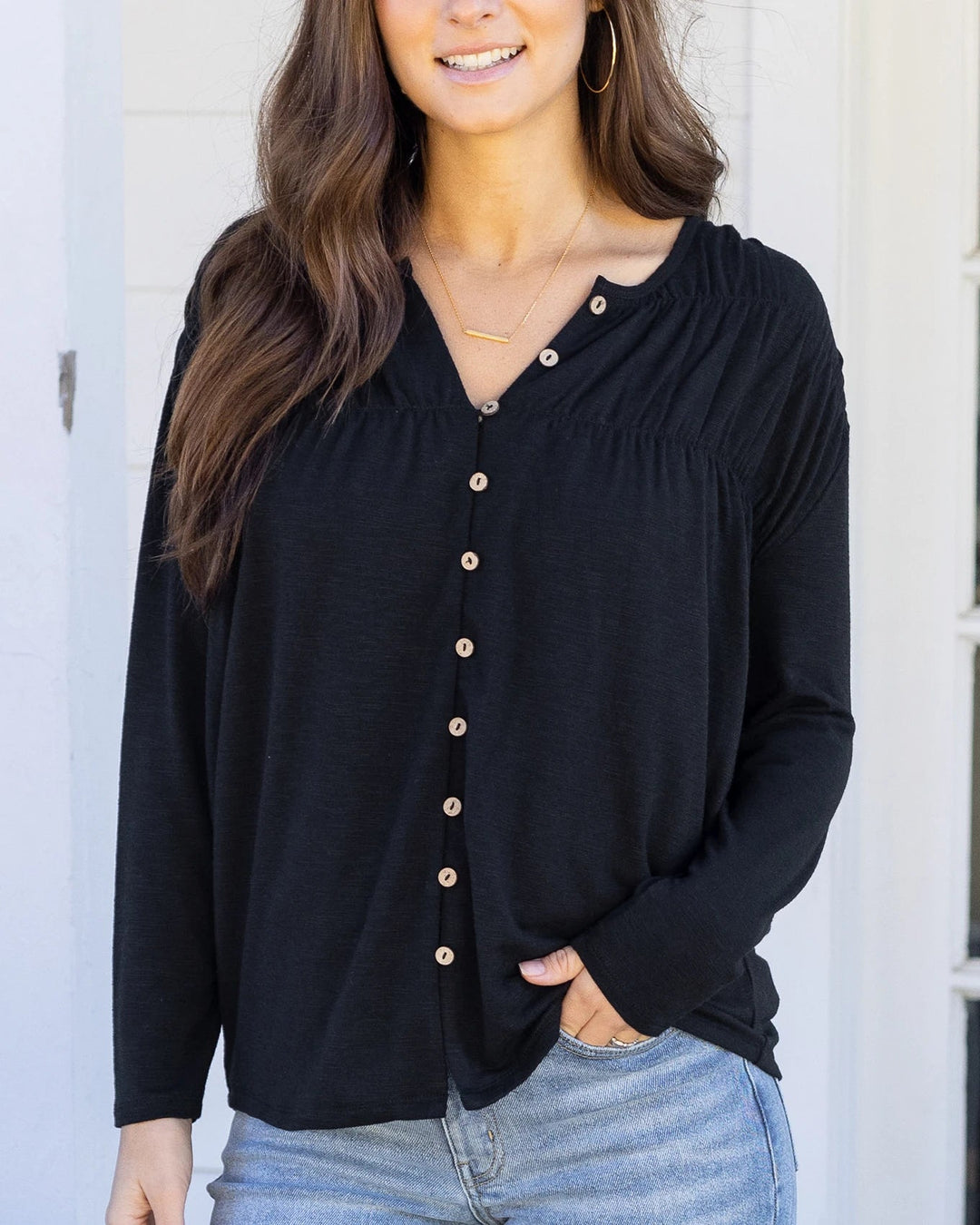 Button Front Ruched Top in Black by Grace & Lace