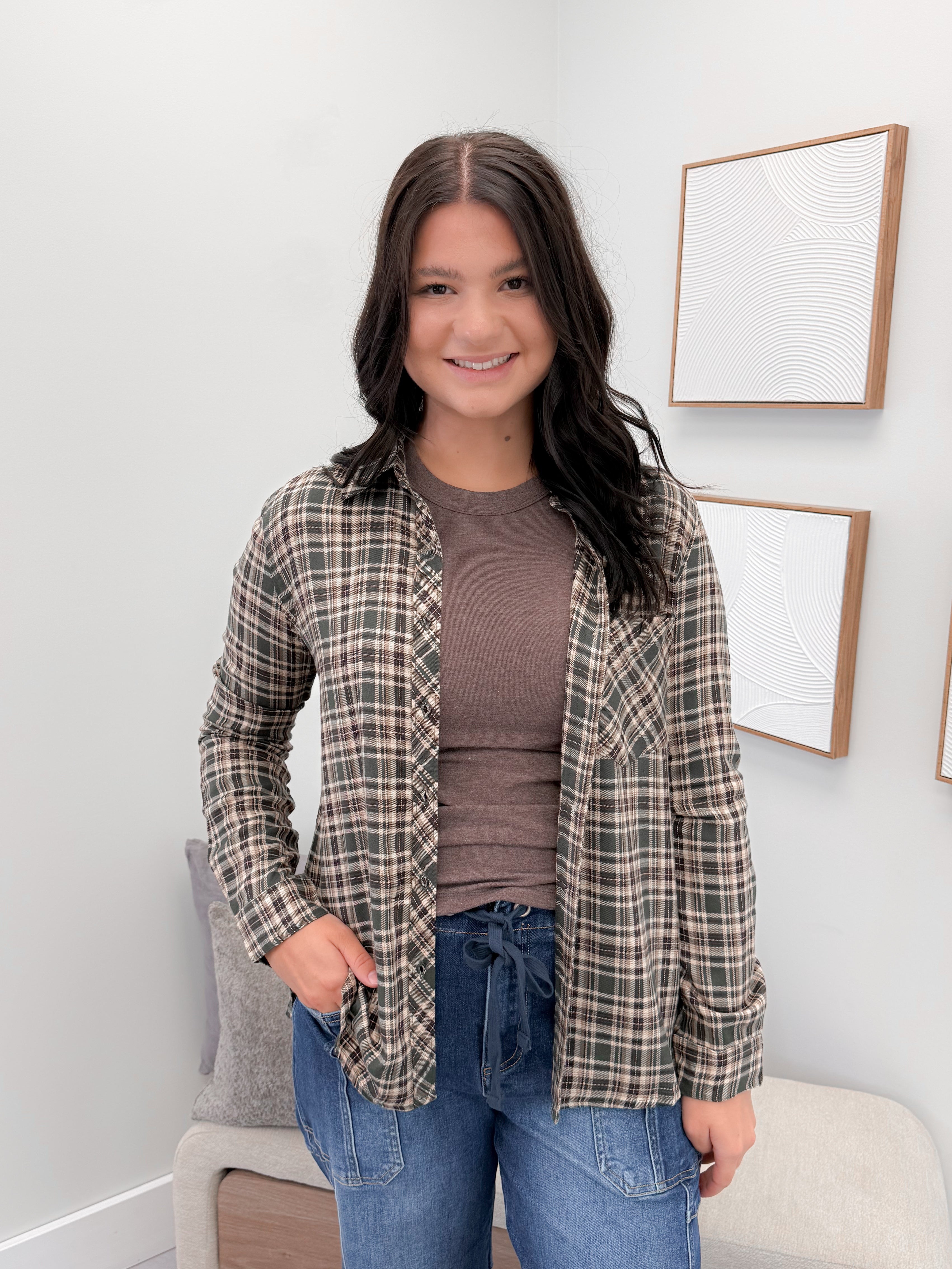 Forest Button Up in Olive Plaid