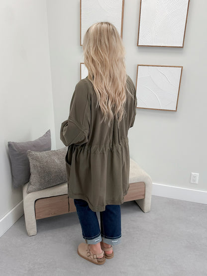 Oliver Open Front Tie Waist Cardigan in Olive