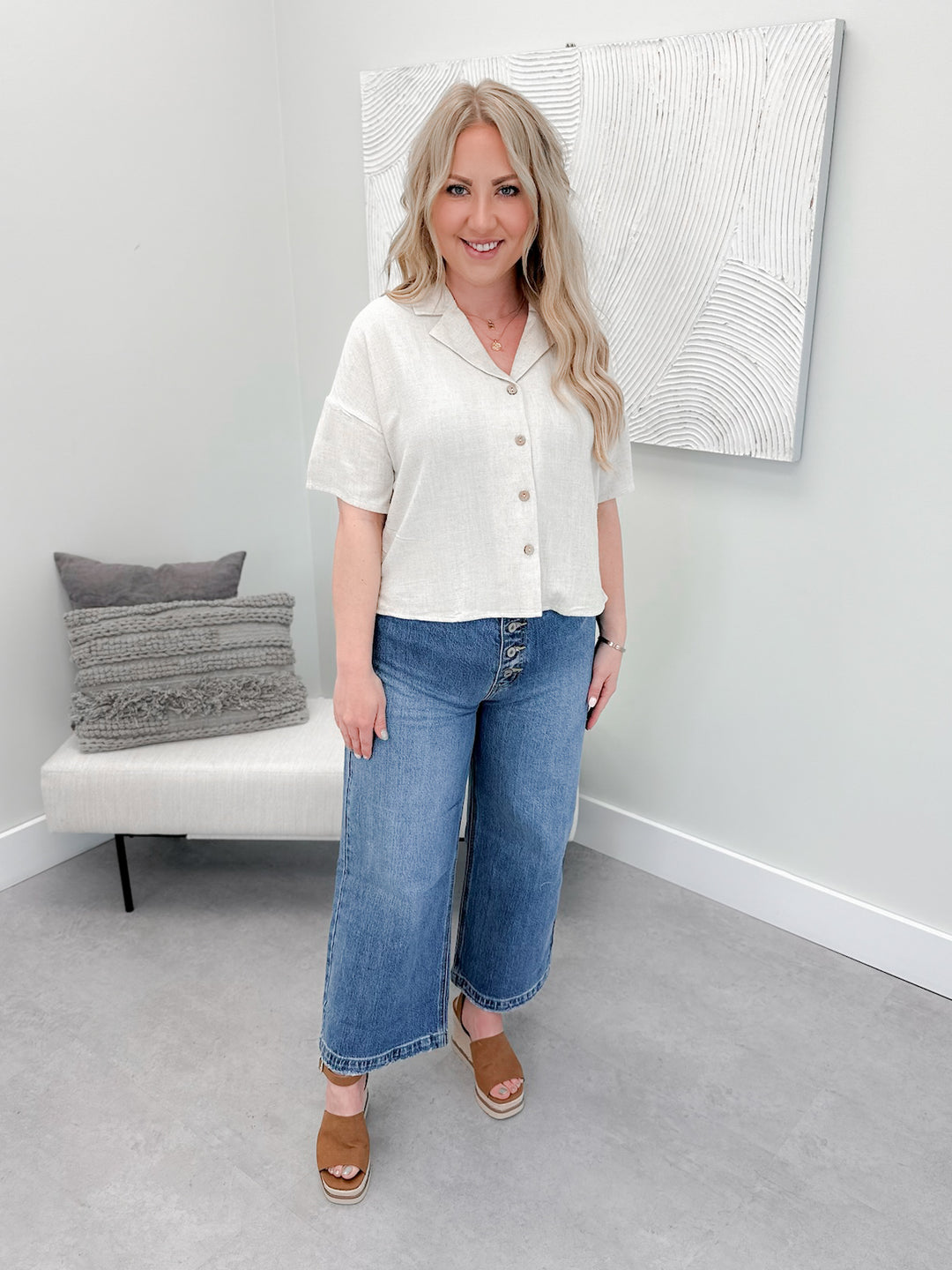 Alana Button Up Top in Oat