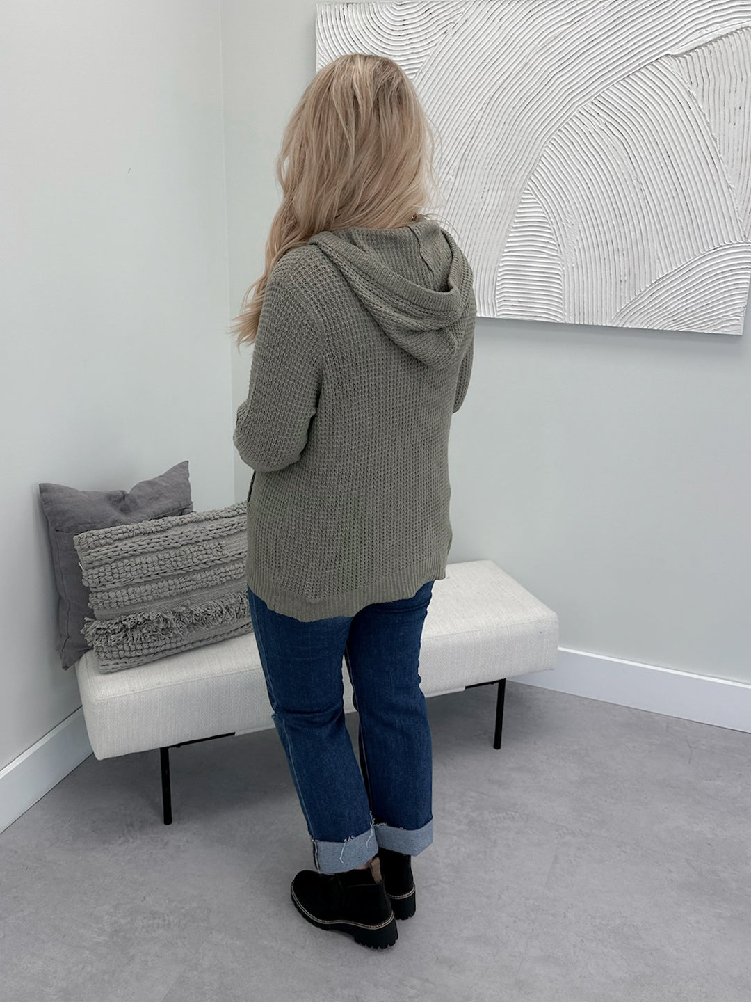Ola Hooded Waffle Sweater in Olive