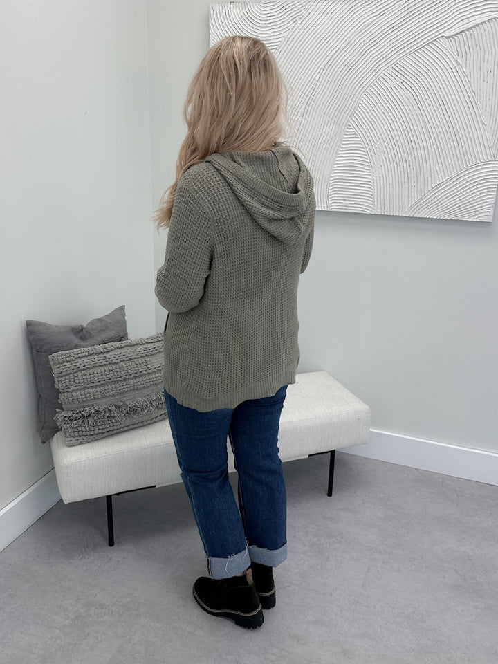 Ola Hooded Waffle Sweater in Olive