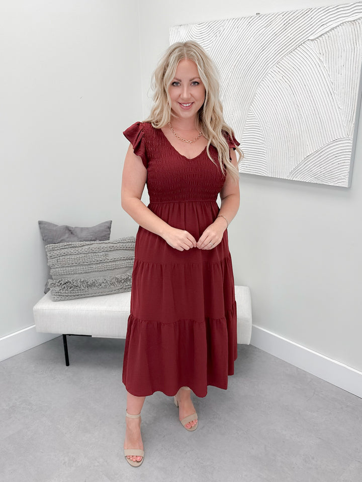 Tilly Tiered Dress in Burgundy