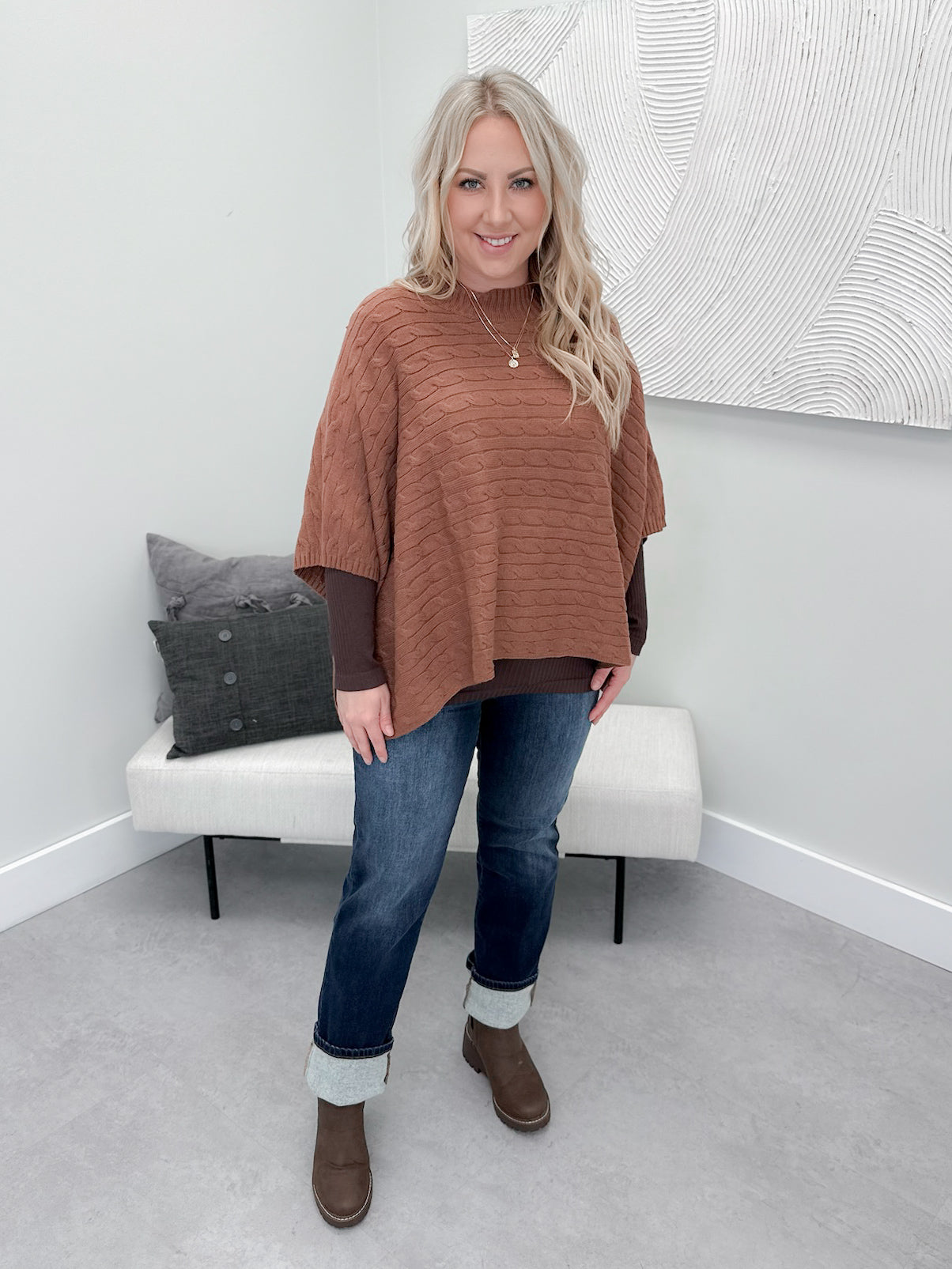 Claire Cable Knit Poncho Sweater in Brown
