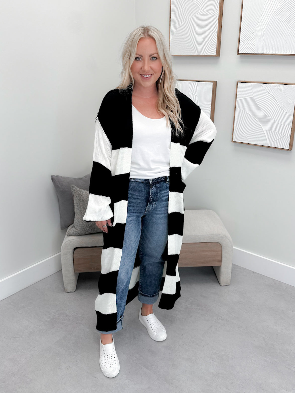 Dinah Striped Long Cardigan in Black