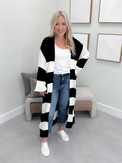 Dinah Striped Long Cardigan in Black