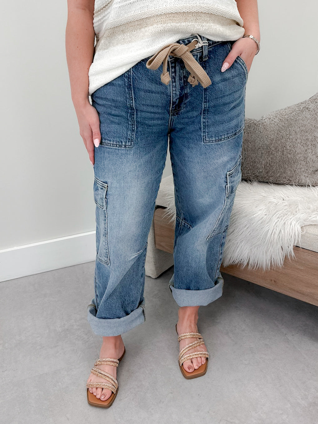 Tie Belt Baggy Cargo Jeans by Kancan