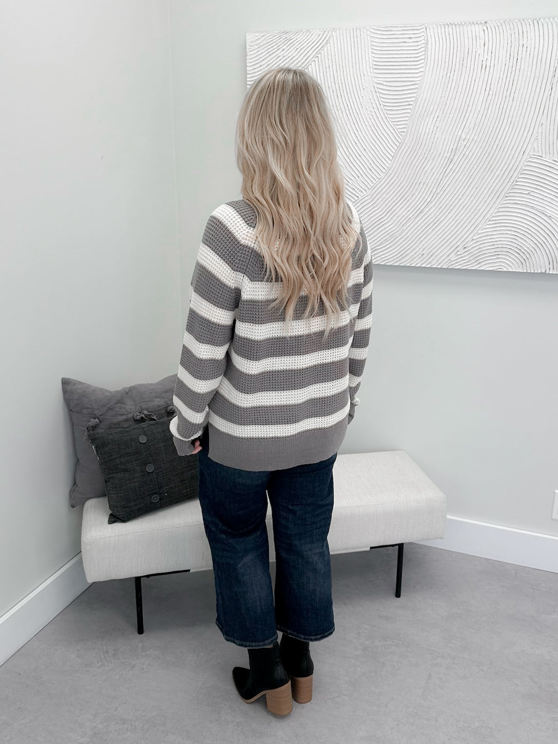 Emily Striped Waffle Sweater in Grey
