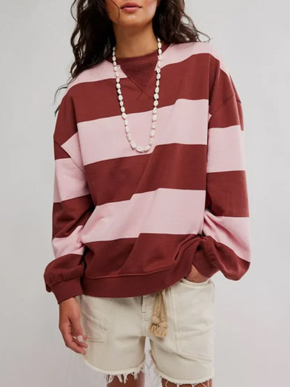 Classic Striped Oversized Crew in Strawberry Wine Combo by Free People