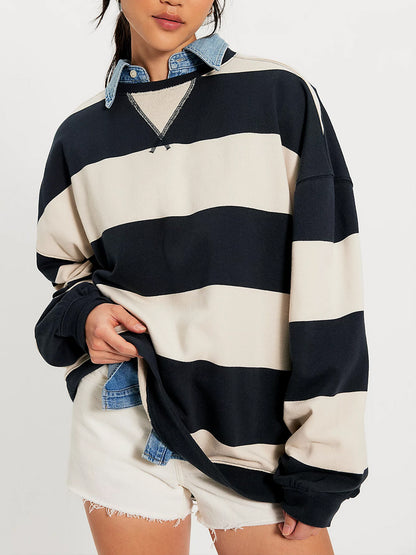 Classic Striped Oversized Crew in Black Combo by Free People
