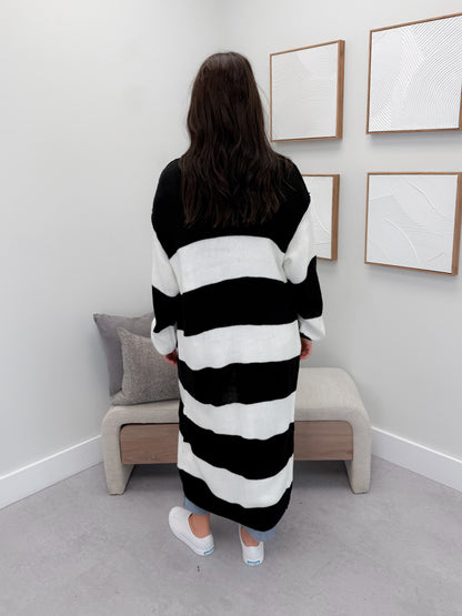 Dinah Striped Long Cardigan in Black