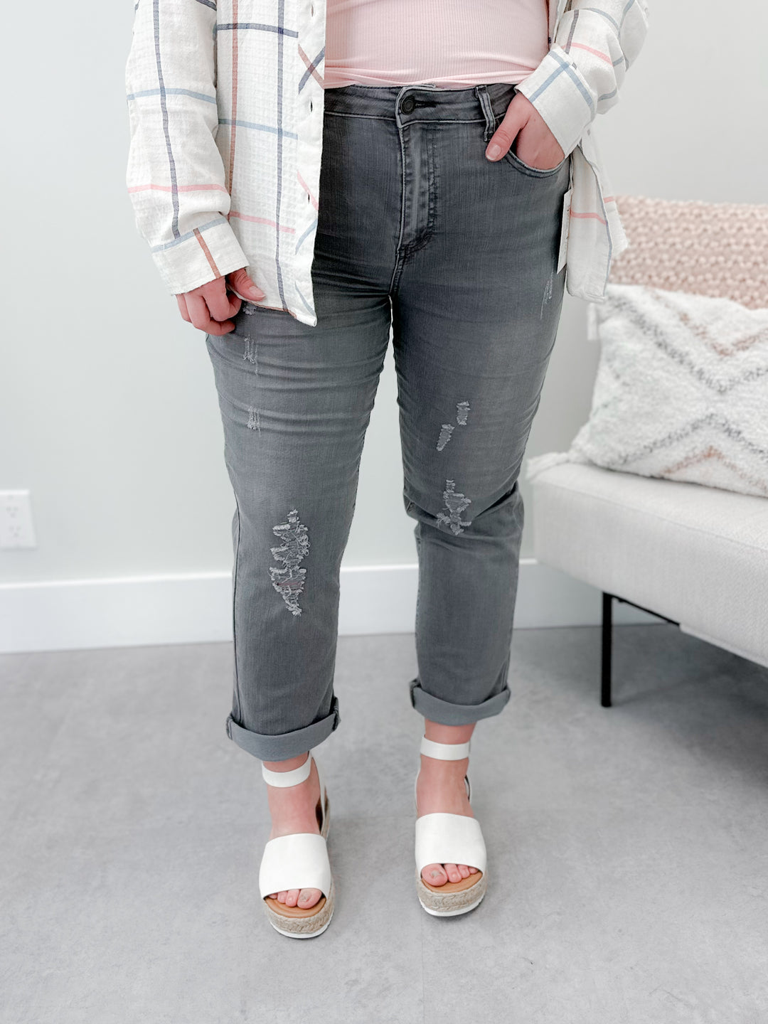 Distressed Cropped Straight Leg in Grey by Grace & Lace