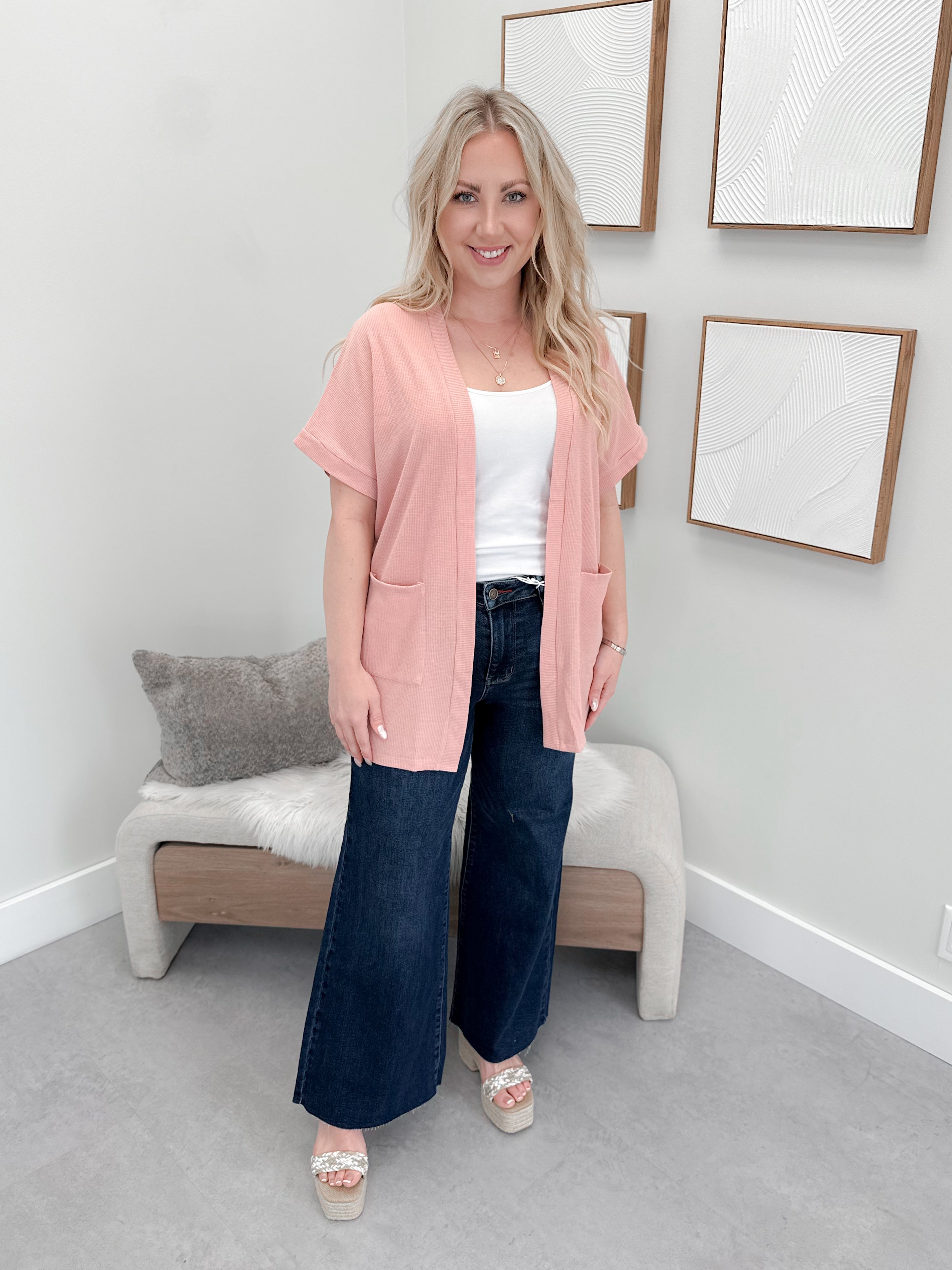 Lorainne Waffle Cardi in Pink