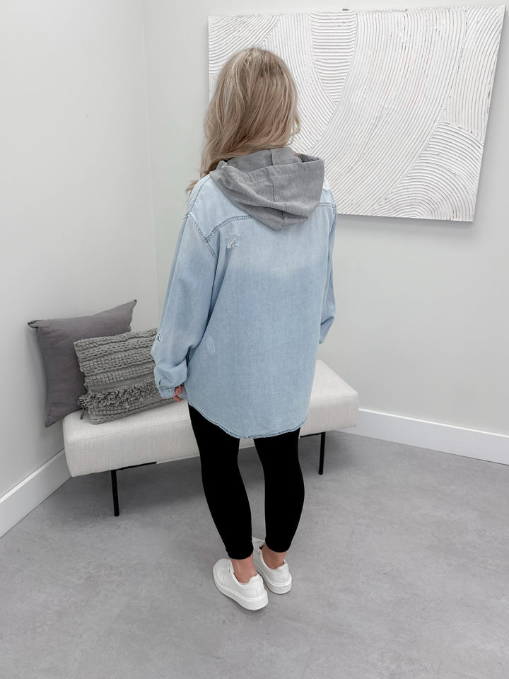 Allegra Hooded Jean Shacket in Light Wash