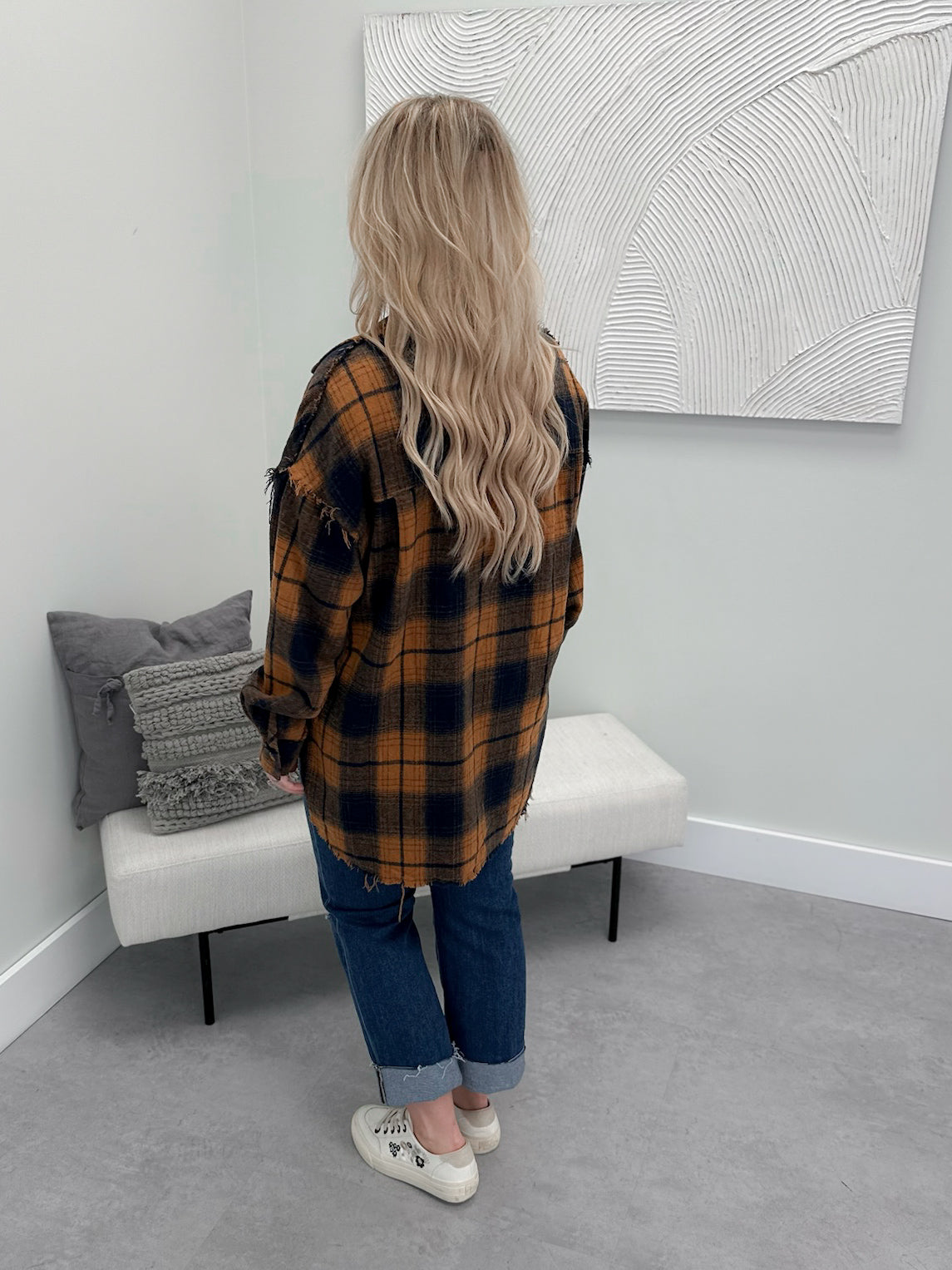 Kai Plaid Button Down Top in Camel