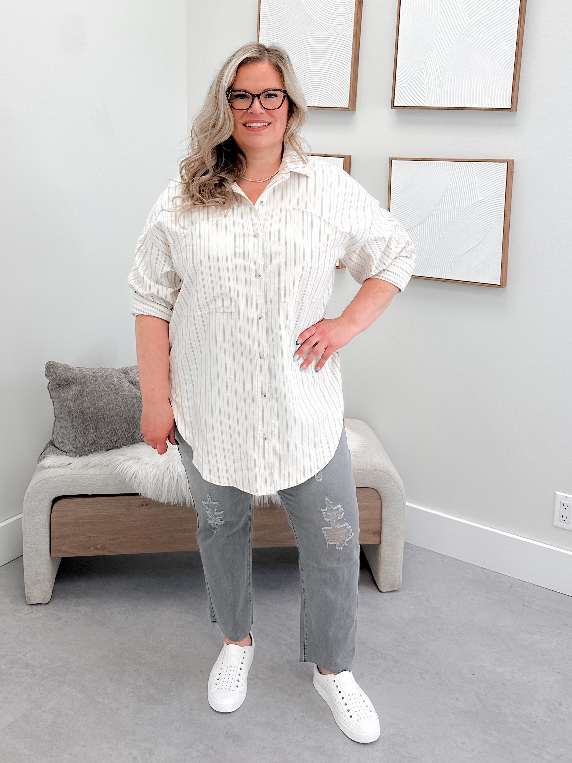 Wesley Shacket in Pinstripe Ivory
