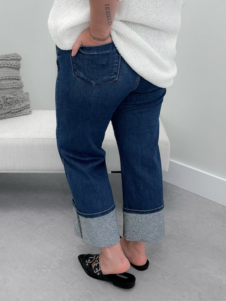 Bronte Cropped Rhinestone Cuff Jeans by Risen