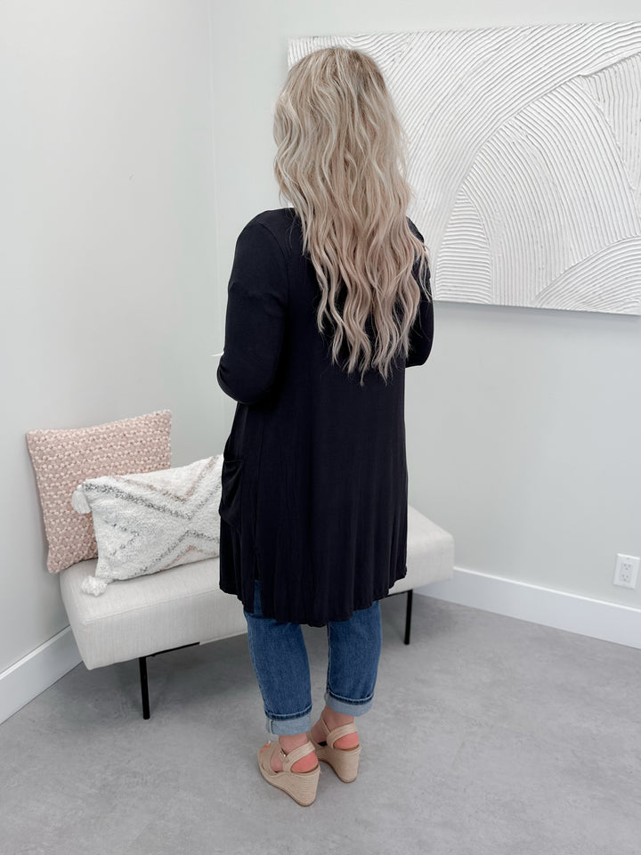 Lightweight Ribbed Cardigan in Soft Black by Grace & Lace