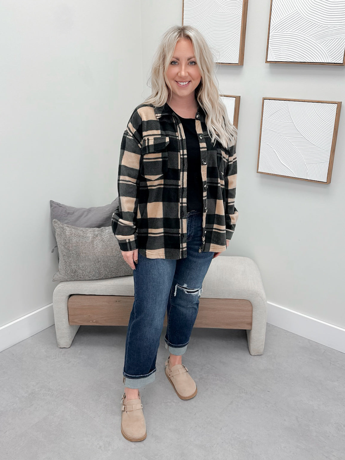 Hazy Fleece Shacket in Black Plaid