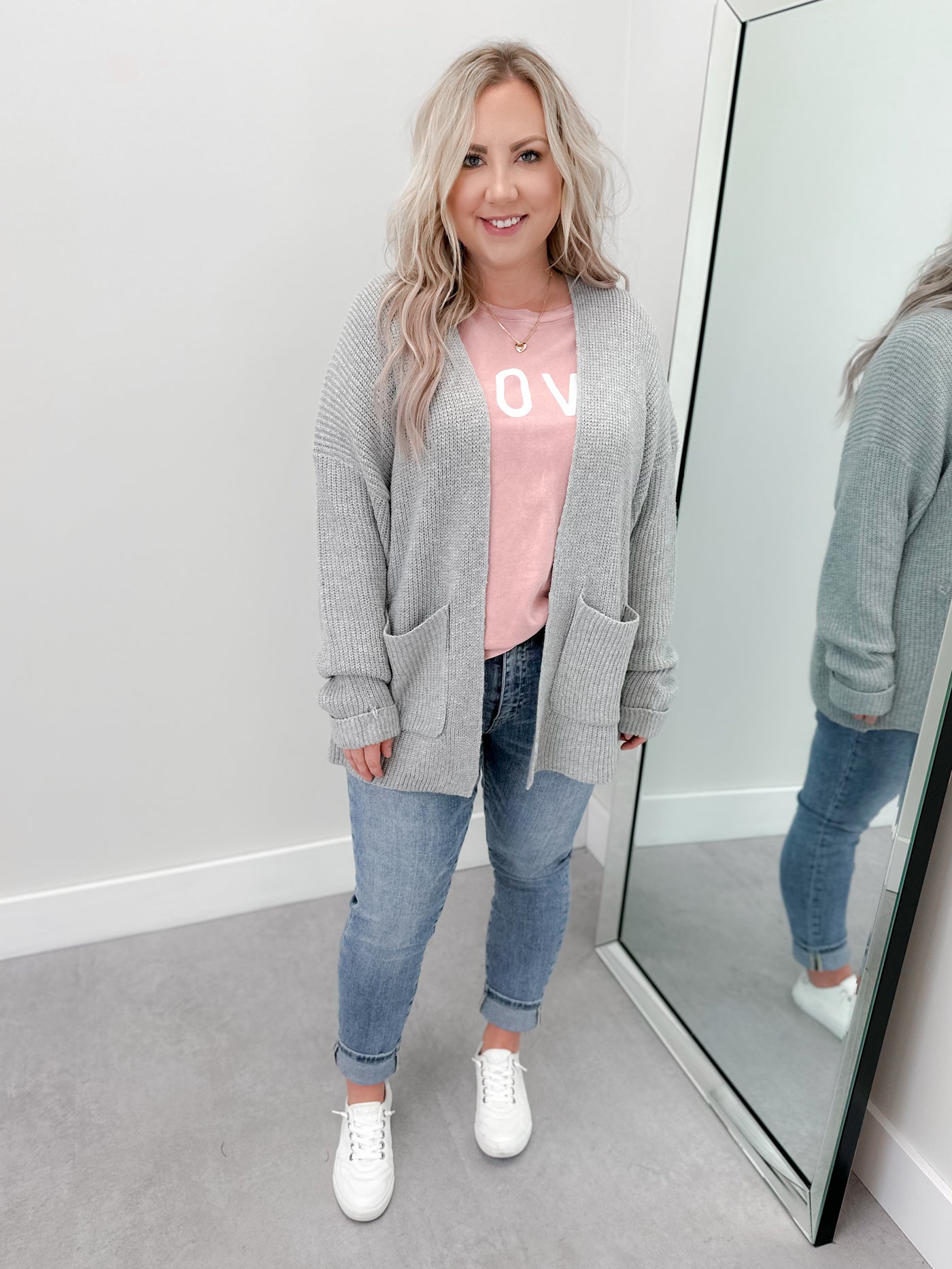 Light gray cardigan on sale outfit