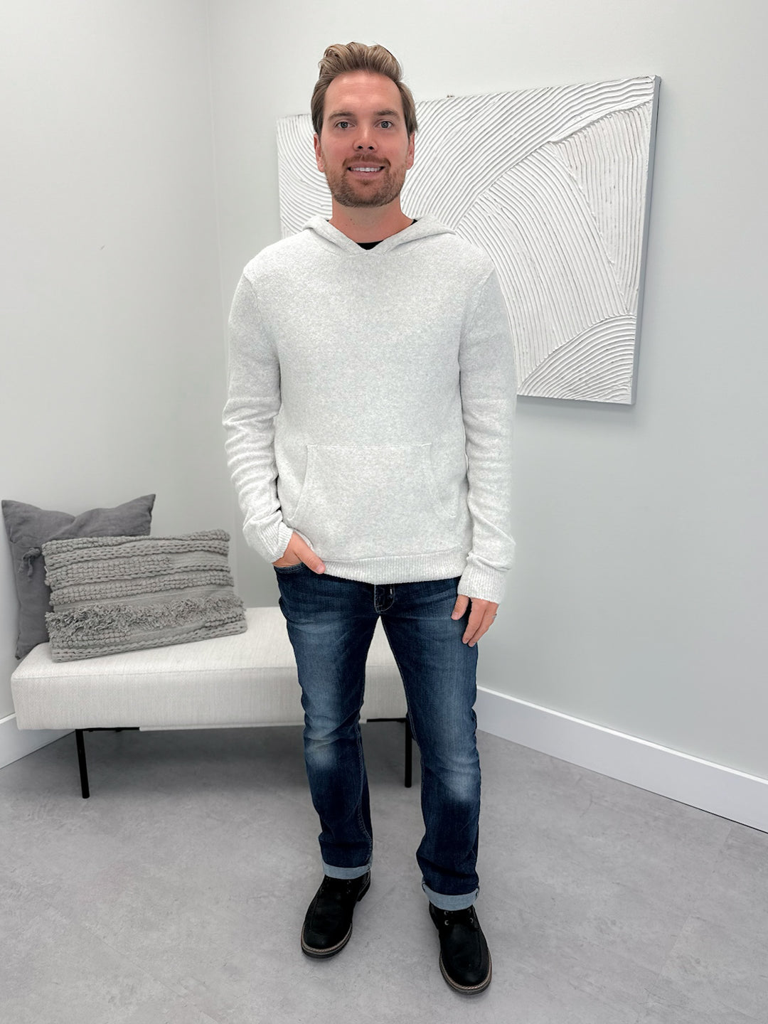 Lightweight Mens Hooded Sweater in Eggshell