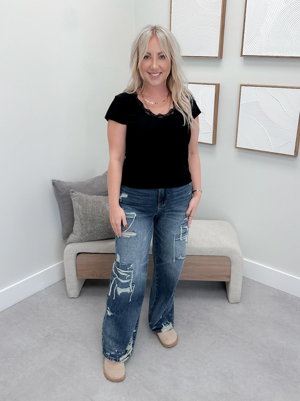 Lanna Lace Trim Tee in Black